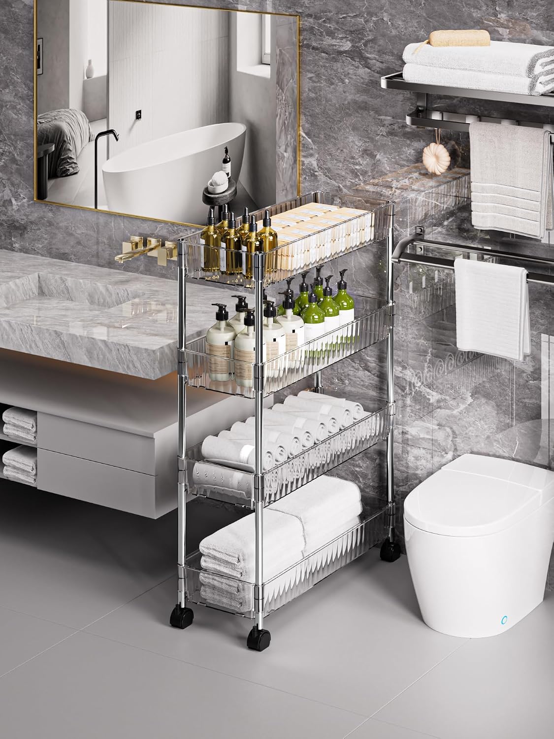 Sooyee 3 Tier Rolling Cart with Wheels, Slim Storage Cart, Under Desk Narrow Rolling Utility Cart Storage Organizer for Office Bathroom Kitchen Laundry Room Narrow Places, White, Plastic and Metal
