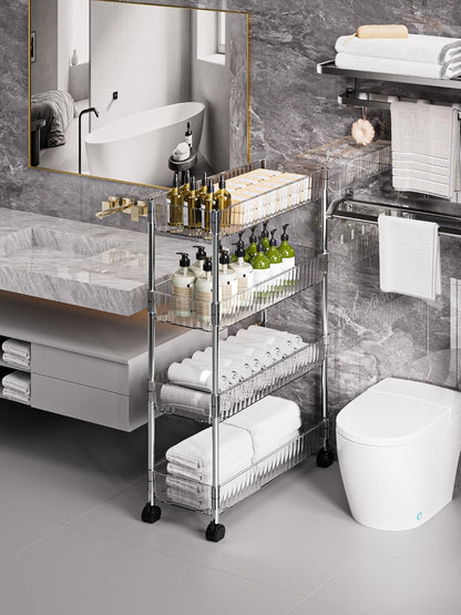 Sooyee 3 Tier Rolling Cart with Wheels, Slim Storage Cart, Under Desk Narrow Rolling Utility Cart Storage Organizer for Office Bathroom Kitchen Laundry Room Narrow Places, White, Plastic and Metal