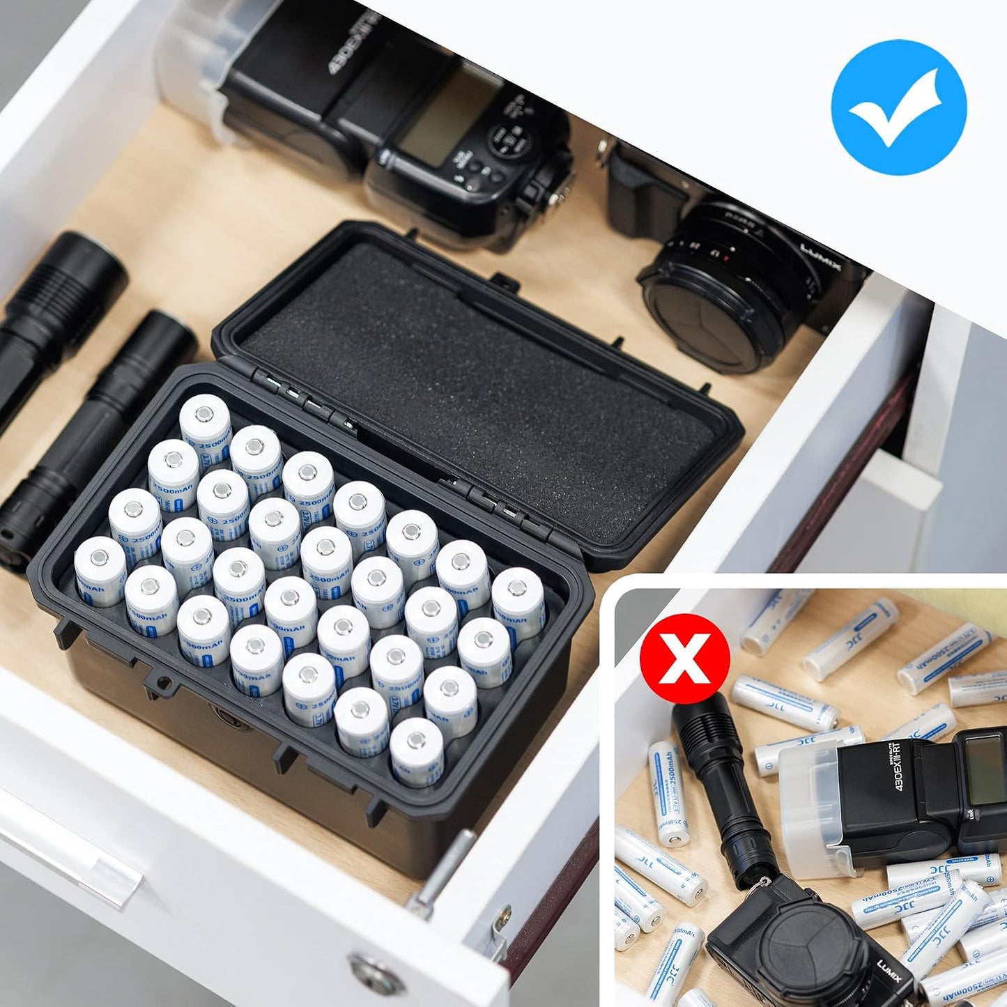24 Slots CR2 CR123 CR123A Lithium Battery Organizer Case, IP67 Waterproof Hard Case for CR17345/CR16340/CR18350/CR15270(CR2) Explosionproof Batteries Storage Holder for Household Outdoor Camping