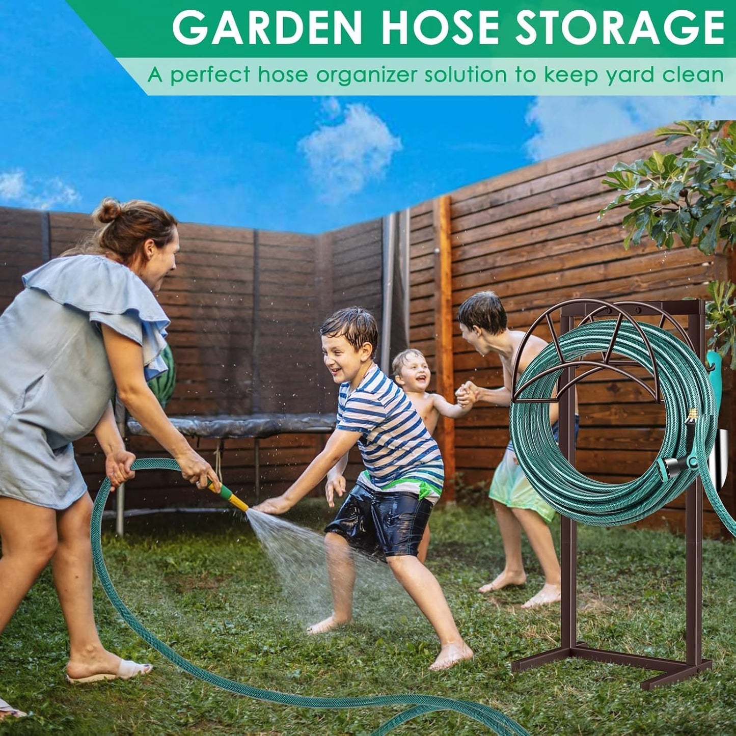 TomCare Garden Hose Holder 4 Spikes Garden Hose Reel Hose Stand Upgraded Water Hose Storage with Tool Hooks Garden Hose Hanger Organizer Holds 160ft Hoses for Outside Yard Lawn, Black
