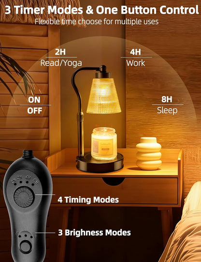 Candle Warmer Lamp for Jar Candles, Height Adjustable & Dimmable with 2/4/8H Timer, 2*50W Halogen Wax Melter Warmer for Home Office Décor, Flameless & Smokeless, Gift for Women Mom, Black-Clear/1 Pack