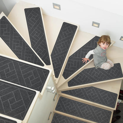15 Pack 8 "X 30" Non-Slip Carpet Stair Treads for Indoor Wooden Steps, Made of Polyester and Reusable Adhesive, Suitable for Kids Elders and Pets（Black Lines）