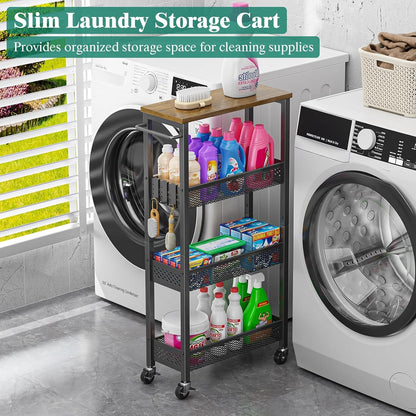 Giwil Slim Storage Cart 5 Tier Narrow Kitchen Rolling Cart on Wheels for Small Space, Metal Utility Cart Narrow Bathroom Storage Cabinet Mobile Shelf Unit Organizer with Wood Top and Handle, Black