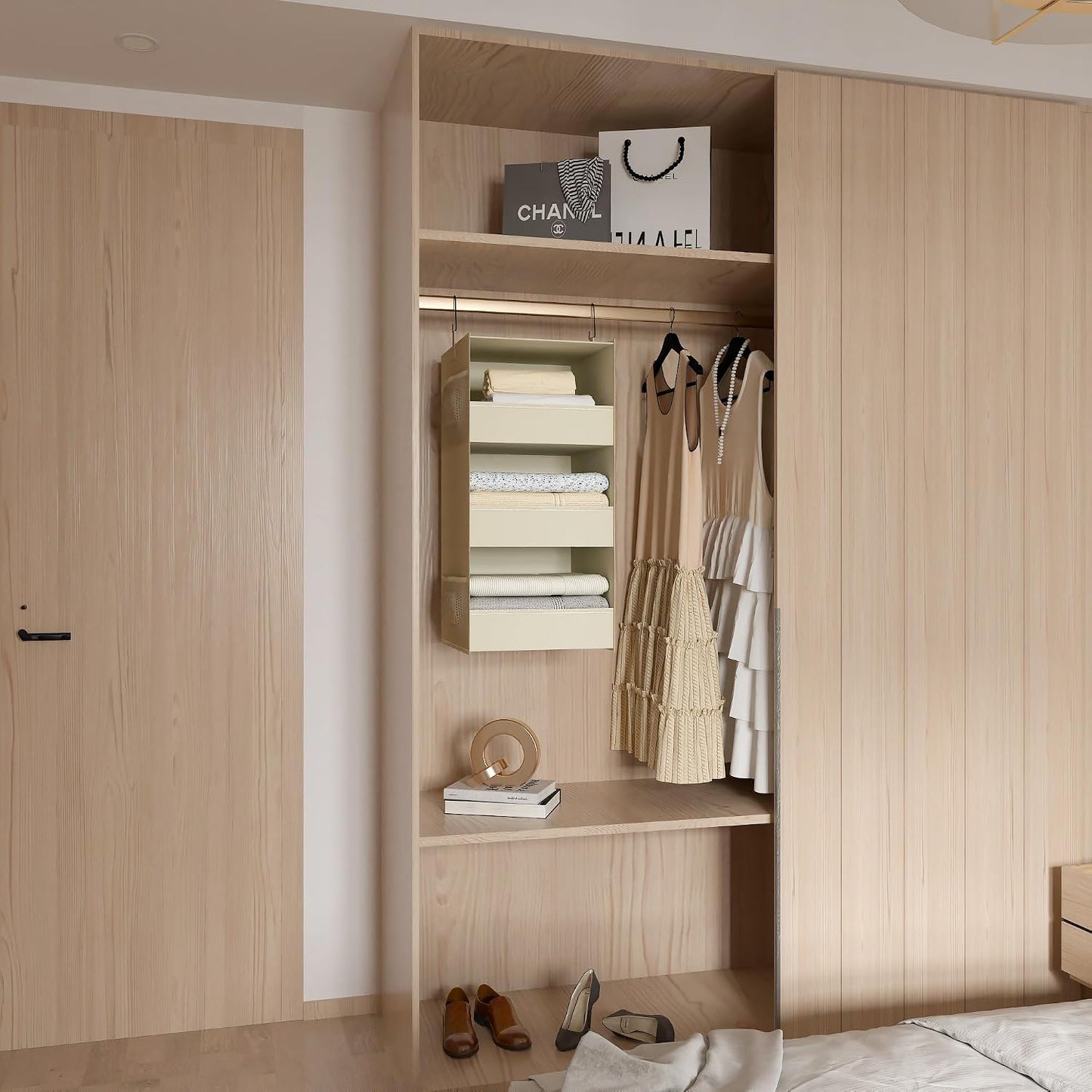 3-Shelf Hanging Closet Organizer, Washable Foldable Storage, Dark Gray | Front lip keeps items secure; side pockets add room; Oxford fabric handles towels, shirts, baby items, dorms, RVs or travel.