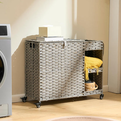 Laundry Hamper with Wheels, 42.3 Gal.(160 L) Laundry Sorter with Shelves, Rattan Clothes Hamper with 4 Removable Liners & 3 Mesh Bags, Handwoven Organizer for bedroom, bathroom, laundry room, Natural