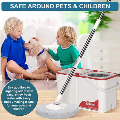 Spin Mop for Large Homes & Big Floor Cleaning, Clean & Dirty Water Separation Mop Bucket for Family & Pet Homes,4-Chamber System, Glide Wheels, Safe for Hardwood & Tile, Adjustable Handle, 6 Mop Heads