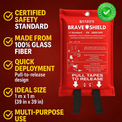 Batzo's BraveShield Emergency Fire Blanket 40"x40" 2-Pack – Premium, Lab-Tested, Fireproof, Heat-Resistant, CE Certified for Home, Kitchen, Car and Outdoor Safety