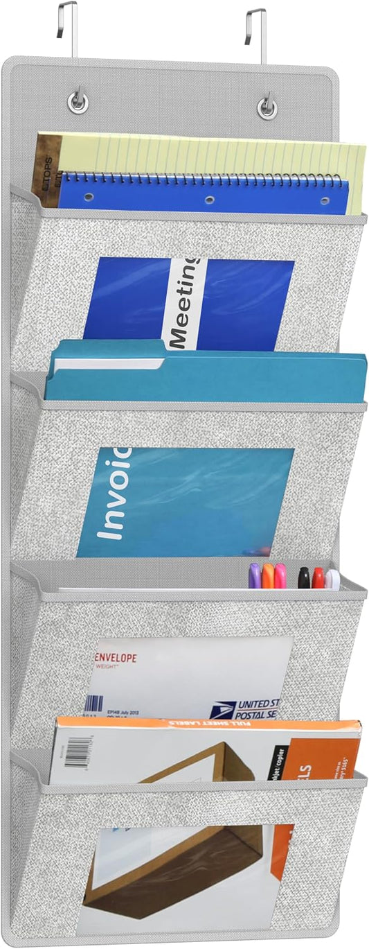 Simple Houseware Over the Door Hanging Wall File Organizer, 4 Pocket File Holder with 13" Width for Office Supplies Storage, Grey