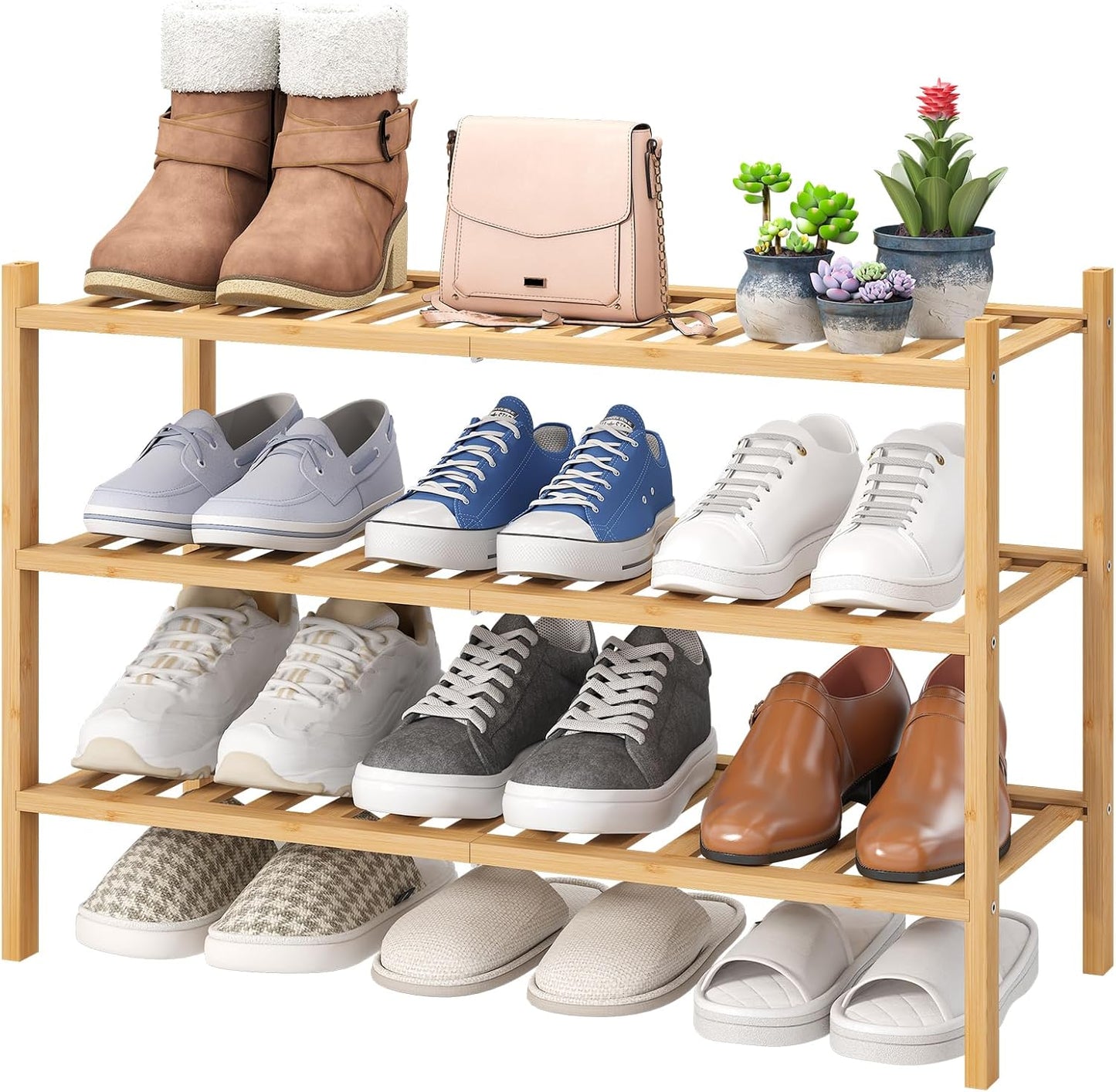 viewcare 3-Tier Black Bamboo Shoe Rack for Entryway, Stackable | Foldable | Natural, Shoe Shelf Storage Organizer for Hallway Closet, Free Standing Shoe Racks for Indoor Outdoor