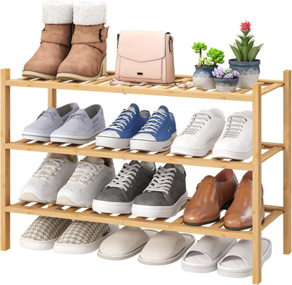 viewcare 3-Tier Black Bamboo Shoe Rack for Entryway, Stackable | Foldable | Natural, Shoe Shelf Storage Organizer for Hallway Closet, Free Standing Shoe Racks for Indoor Outdoor