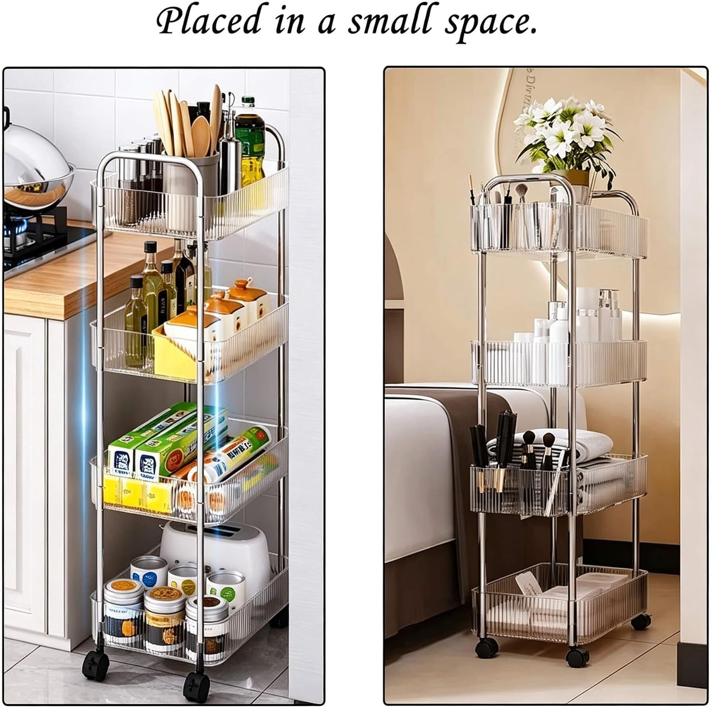 4-Tier Plastic Rolling Utility Cart with Wheels, Multifunctional Storage Organizer Cart for Home, Office, Kitchen & Bathroom, Ultra Narrow & Clear, 4.7”W * 12.8”L * 33”H