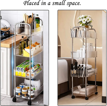 4-Tier Plastic Rolling Utility Cart with Wheels, Multifunctional Storage Organizer Cart for Home, Office, Kitchen & Bathroom, Ultra Narrow & Clear, 4.7”W * 12.8”L * 33”H