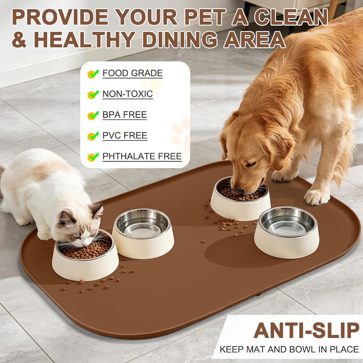 SMILOOL Silicone Pet Food Mat with Raised Edge for Food and Water Bowl, Dog Feeding Mats, Cat Food Trays for Floor Waterproof, Rubber Tray for Dogs and Cats, 19 x 12 x 0.7 Black