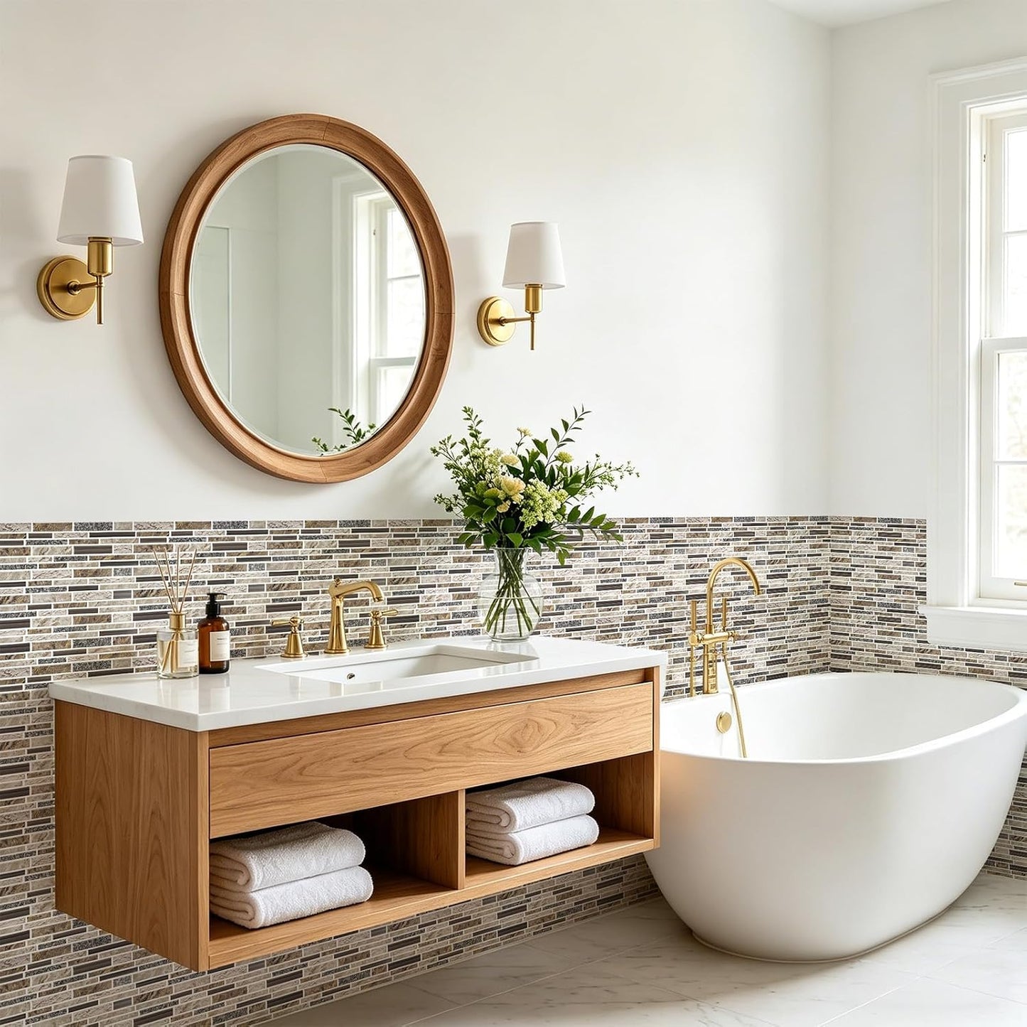 Vieshful 10 Sheet Peel and Stick Backsplash for Kitchen Wall - 12"x12" Smooth PVC 3D Visual Effect Marble Tile Stickers, Waterproof Self Adhesive Light Khaki Wall Tiles for Bathroom, Renter Friendly