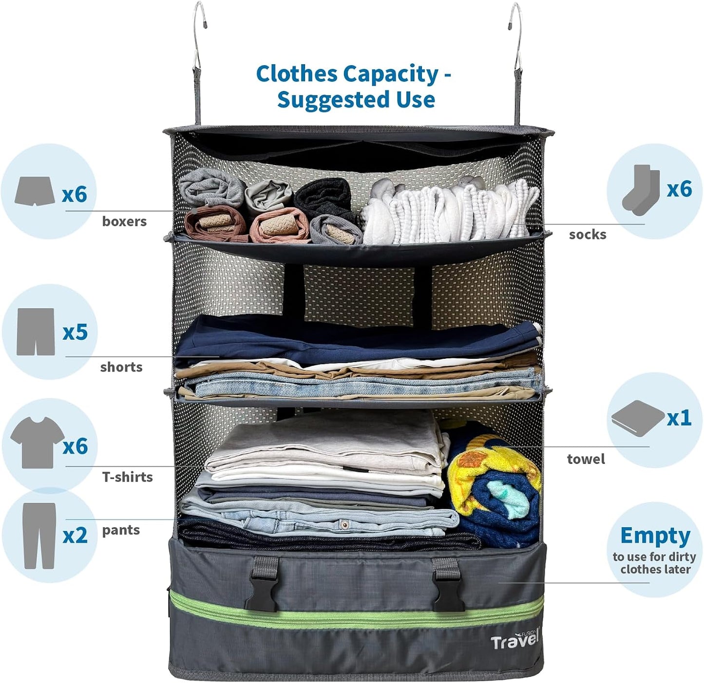 Grand Fusion Stow-N-Go Hanging Travel Shelves, Packing Organizer for Luggage. Carry on Closet for Suitcase. Expandable Packing Cube. Travel Essentials. (Black - L, L = (L) 11.8" x (W) 11.8")
