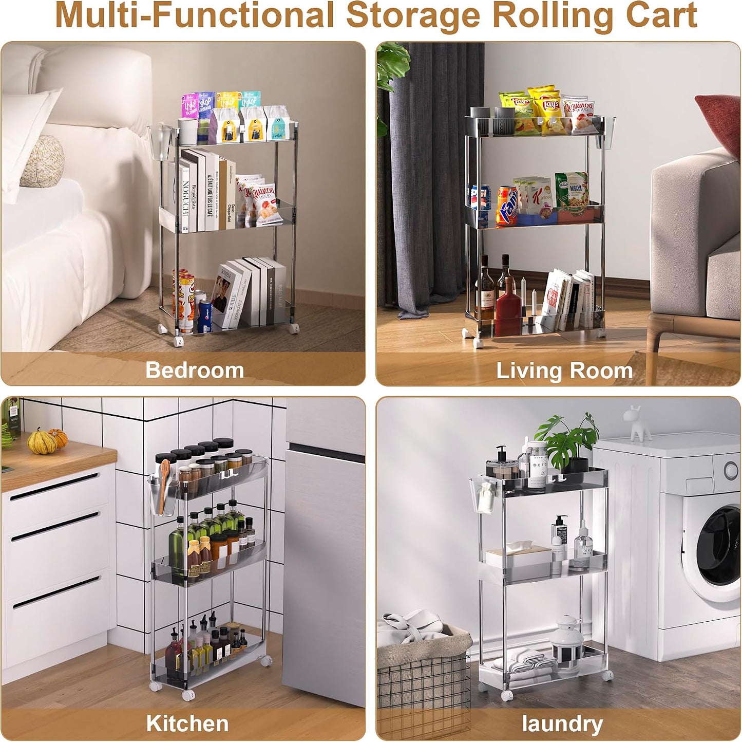 VECELO Storage Rolling Cart, 4 Tier Utility Cart Kitchen Slim Mobile Storage Unit Organizers with Wheels Hooks&Hanging Cups for Bedroom Bathroom Office Table Side in Narrow Places, White