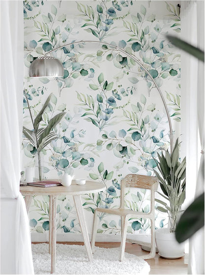 HAOKHOME Peel and Stick Wallpaper Boho Green/White Botanical Leaf Floral Wall Mural Home Nursery Decor Renter Friendly Wallpaper 17.3in x 9.8ft