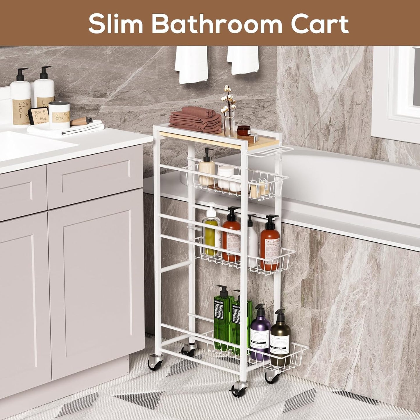 4 Tier Slim Rolling Storage Cart with Pull-Out Baskets, Narrow Sliding Storage Slim Laundry Cart Slim Rolling Kitchen Cart