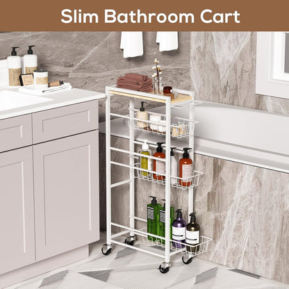 4 Tier Slim Rolling Storage Cart with Pull-Out Baskets, Narrow Sliding Storage Slim Laundry Cart Slim Rolling Kitchen Cart