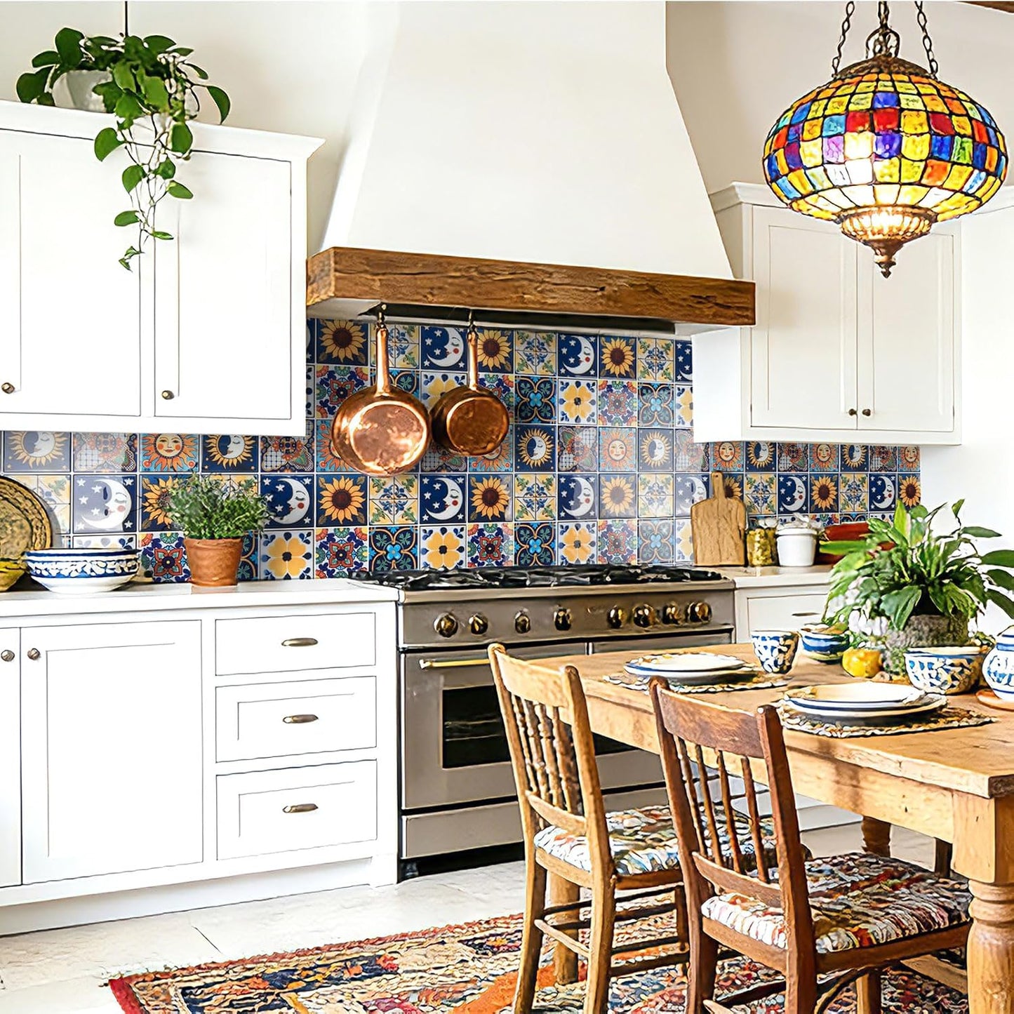Art3d Talavera Hand-painted Waterproof Peel and Stick Backsplash Tile for Kitchen & Living Room, Sun & Moon Floral Design - 10-Pack of 12 x 12 Inch