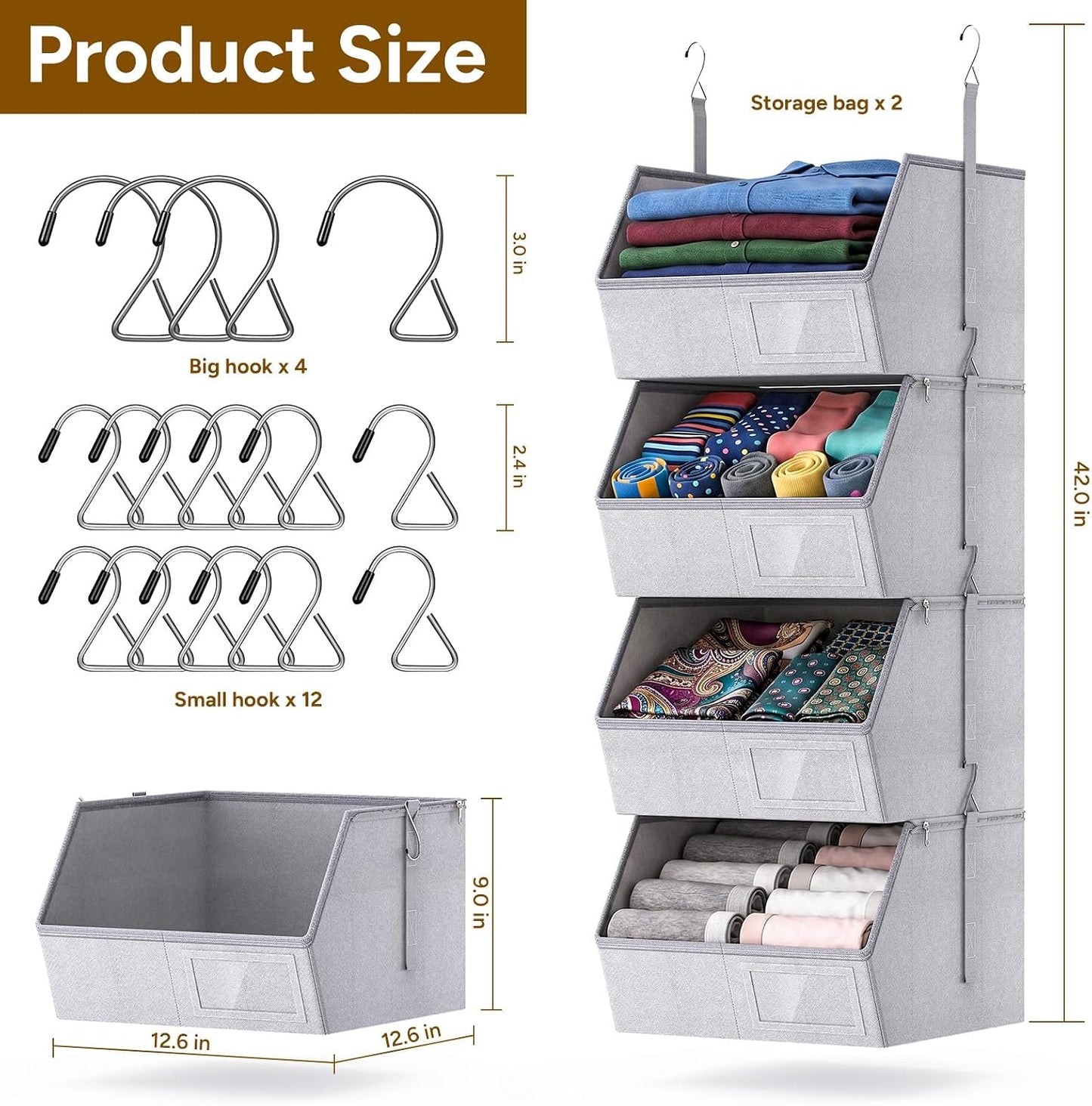 2 Pack 4-Tier Hanging Closet Organizer, Detachable Hanging Storage Shelves with Reinforced Side Panels, Hanging Closet Organizer for Clothes, Sweaters, Towels, Socks & Accessories, Purple