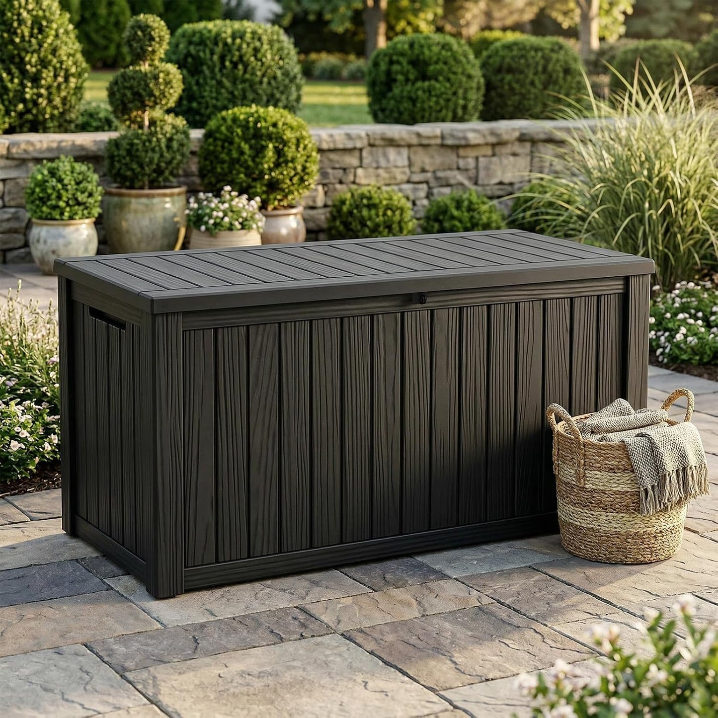 60 Gallon Outdoor Waterproof Storage Box, UV Resistant Resin Deck Box with Built-in Handle, Outdoor Storage Container for Patio Furniture, Garden Tools, Patio Cushions, Black