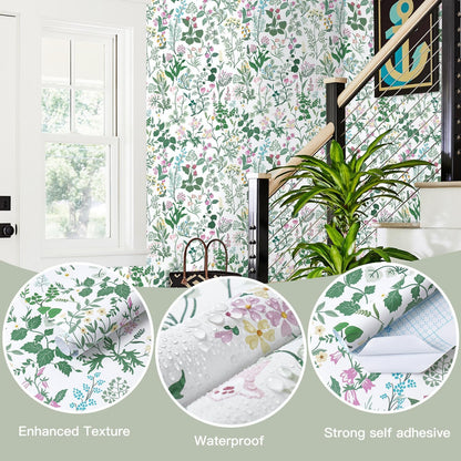 Dimoon 17.3" X 78.7" Peel and Stick Wallpaper Floral Contact Paper Boho Beige White Renter Friendly Natural Wall Paper Waterproof Removable Self Adhesive Wallpaper for Bedroom Livingroom Vinyl Roll