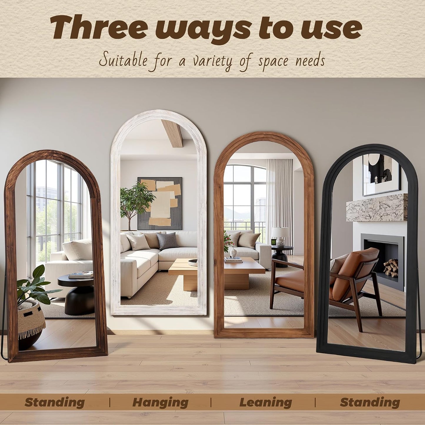 Antok Full Length Mirror with Solid Wood Frame, 71"×32" Wall Mounted Oversized Floor Mirror with Stand, Leaning Standing Hanging for Bedroom Living Room Entryway, Walnut, Arched Syle