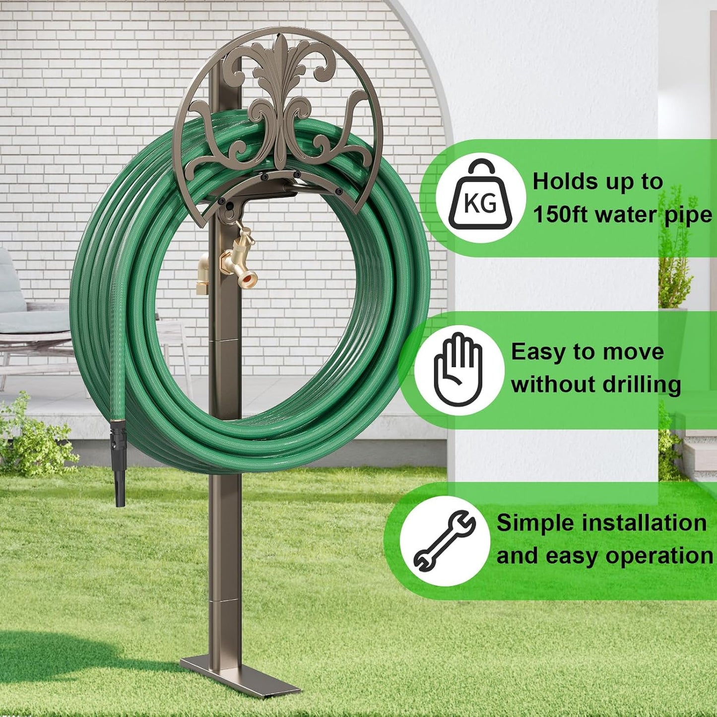 GOFORWILD Garden Hose Stand with Brass Faucet, Detachable Heavy Duty Water Hose Holder, Freestanding Metal Hose Reel Decorative Storage Hanger Holds 150-Feet Hose for Outside Patio Lawn Yard