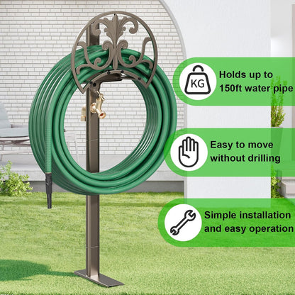 GOFORWILD Garden Hose Stand with Brass Faucet, Detachable Heavy Duty Water Hose Holder, Freestanding Metal Hose Reel Decorative Storage Hanger Holds 150-Feet Hose for Outside Patio Lawn Yard