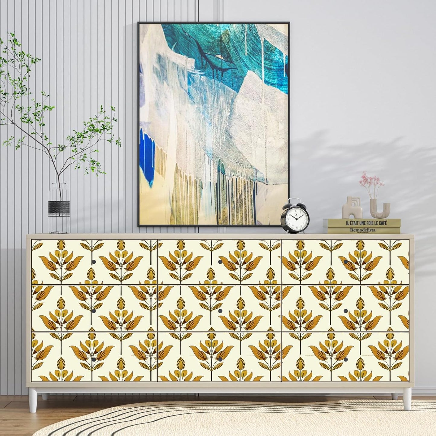 BOKEBEVE Leaves Contact Paper Floral Wallpaper Stick and Peel Boho Damask Wall Paper for Liner Drawer Cabinet Backsplash Renter Friendly Waterproof 17.5 x 118In