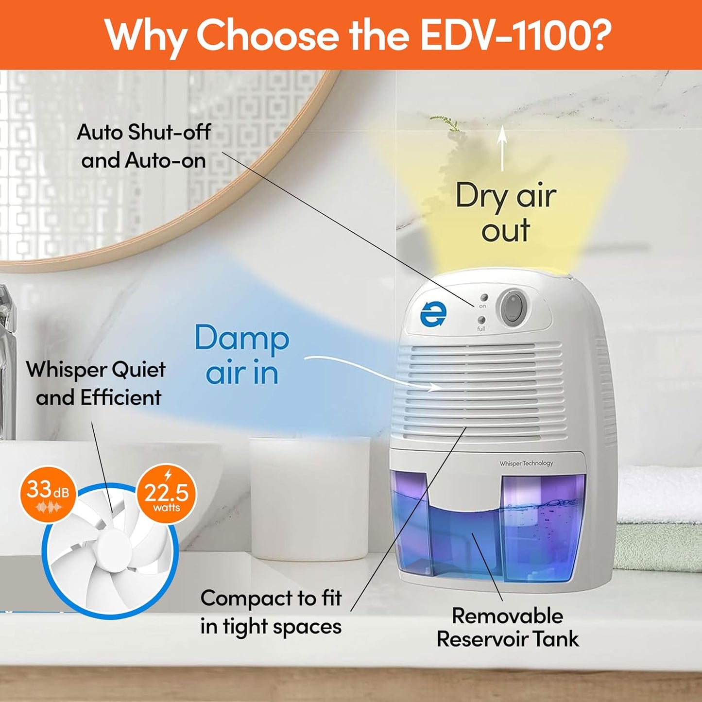 Eva-Dry EDV-1100 Whisper-quiet 16 OZ Dehumidifier with Auto Shut Off and Restart for small spaces in your Home, RV, Automobile, and Storage up to 122 sq. ft