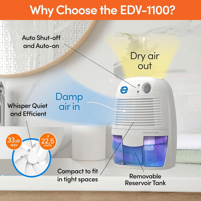 Eva-Dry EDV-1100 Whisper-quiet 16 OZ Dehumidifier with Auto Shut Off and Restart for small spaces in your Home, RV, Automobile, and Storage up to 122 sq. ft