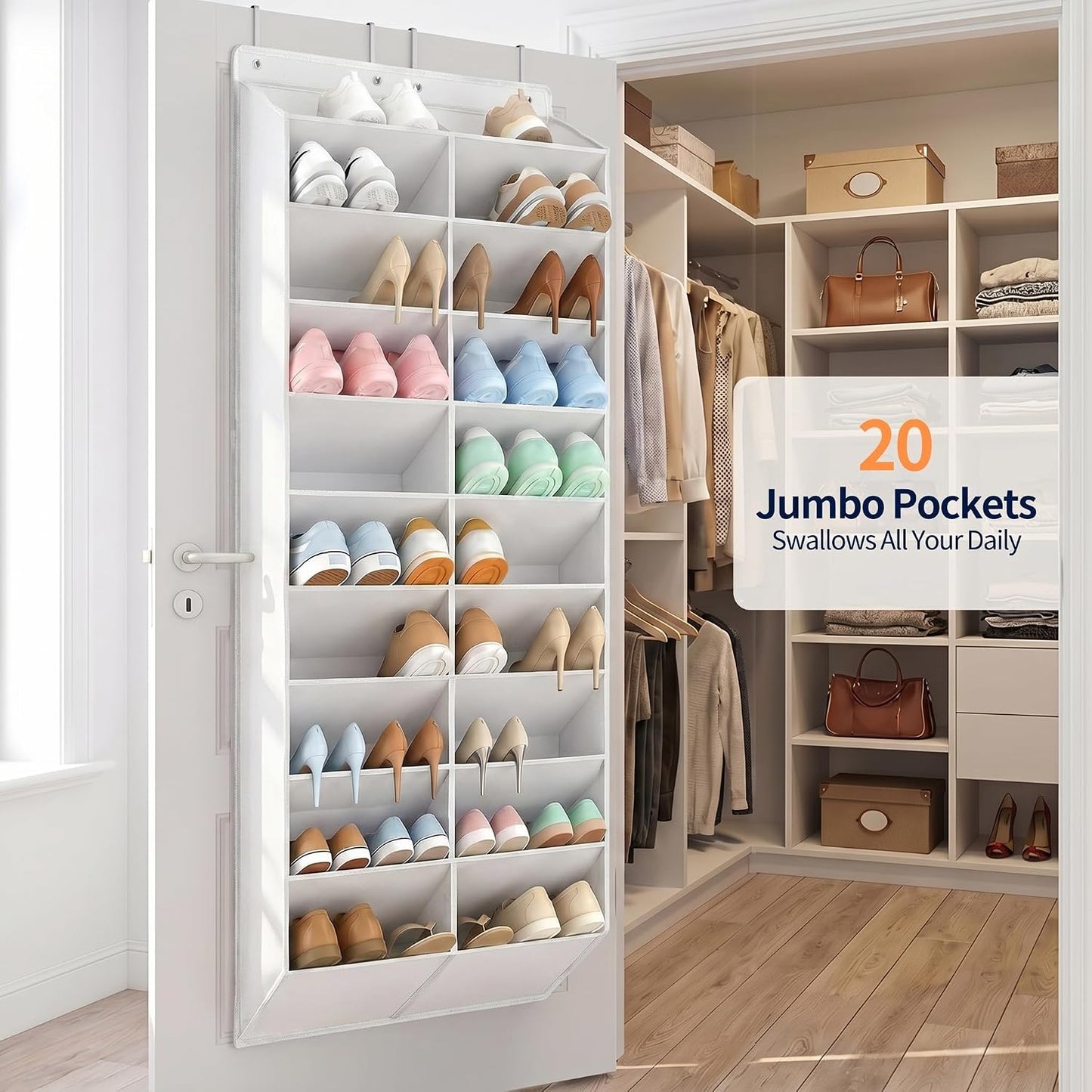 Yecaye 30 Pairs Over the Door Shoe Organizer, Large Capacity Hanging Shoe Rack for Door Hanger with Deep Pockets, Heavy Duty 10 Tier Shoe Holder for Sneakers Boots Heels College Dorm Essentials, Black