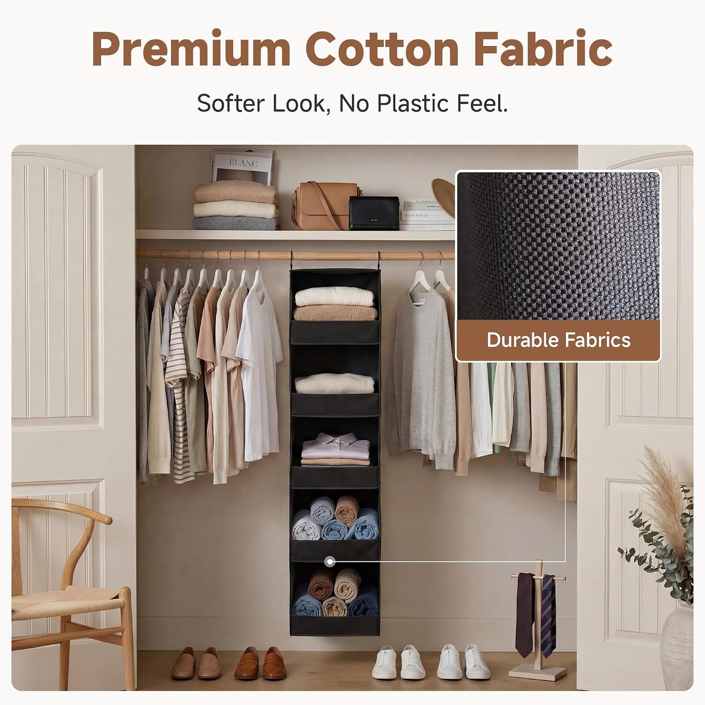 StorageWorks Basics Hanging Closet Organizer, 4-Shelf Wide Trapezoid Closet Shelves with Reinforced Anti-Sagging Support for Sweaters, Hoodies and Handbags, Foldable Storage Organizer, Beige