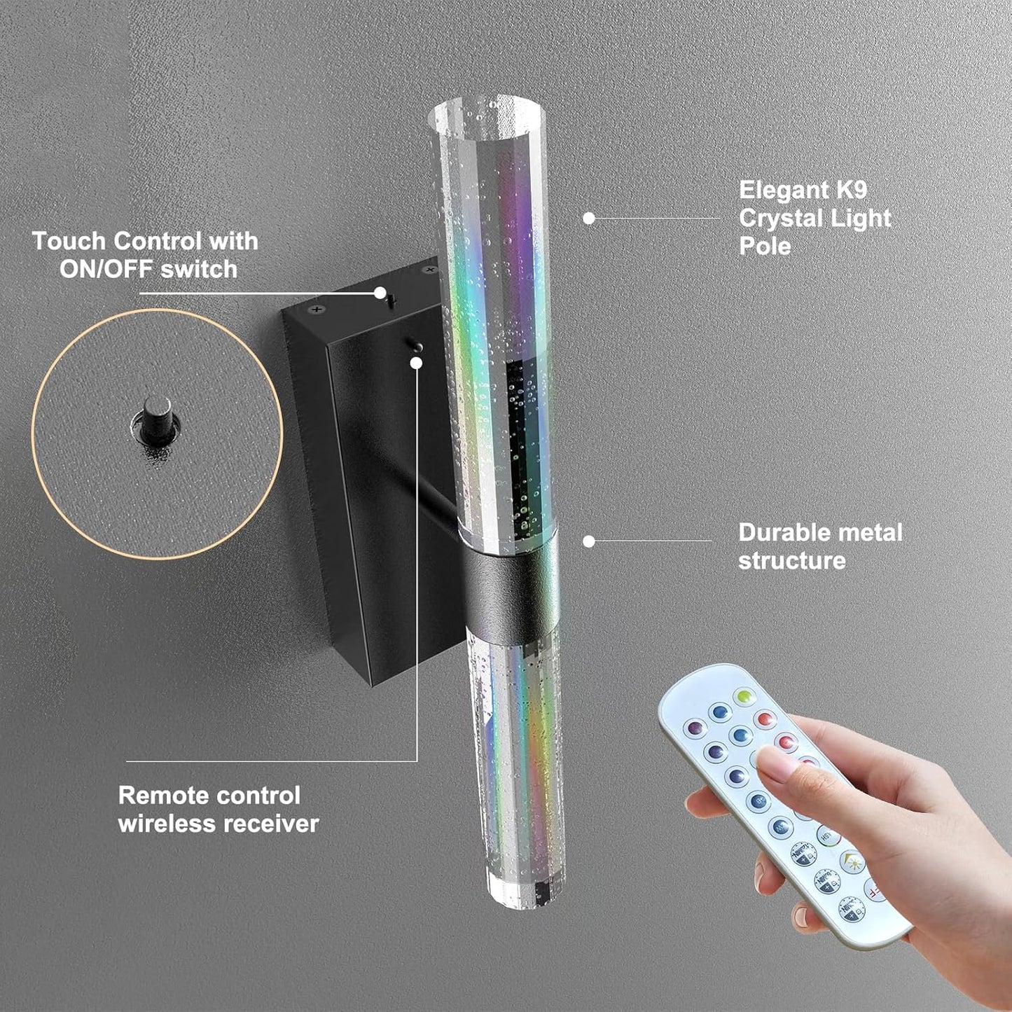 Crystal Battery Operated Wall Sconces Set of 2, Black Rechargeable Wireless Wall Light Fixtures with Remote Control, 3CCT and 12 RGB Dimmable Wall Lamps for Bedroom Living Room Hallway