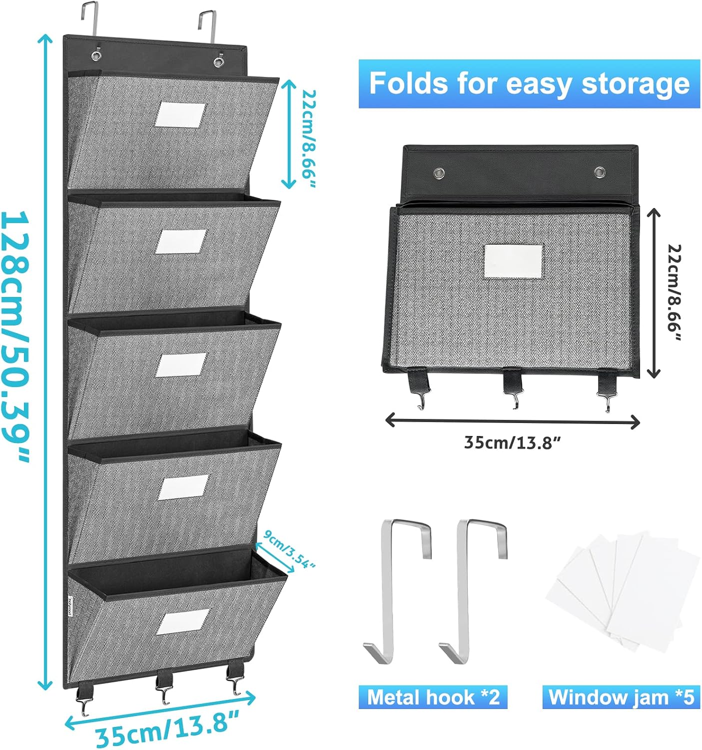 homyfort Over the Door File Organizer, Wall Hanging File Folders with 5 Large Pocket for Mails, Magazines, Back to School Supplies,Office Chart Storage, Paper Organization (Grey)