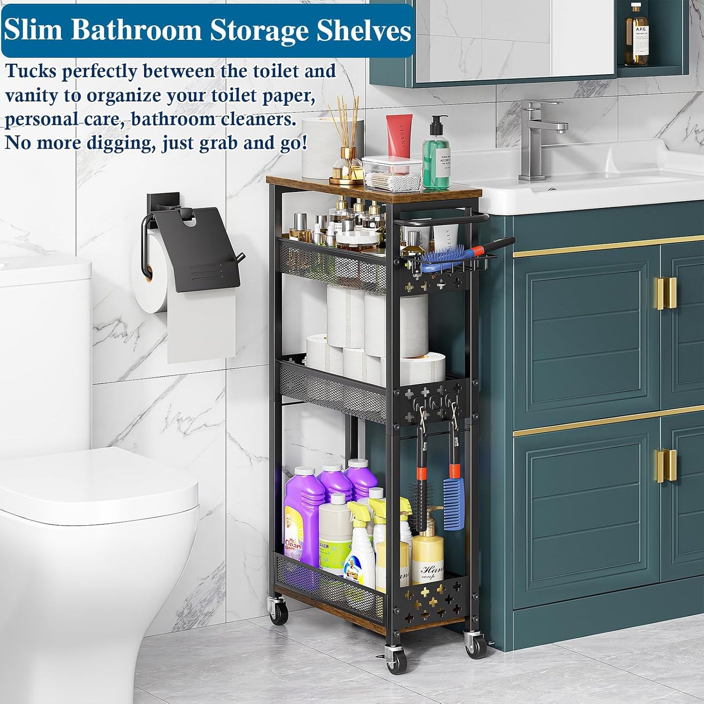 OKZEST Slim Laundry Room Organization Cart with Detergent Dispenser Holder | 4-Tier narrow rolling cart for small space, Holds tall bottles, Upgraded metal hub casters, Premium wood & metal mesh shelves