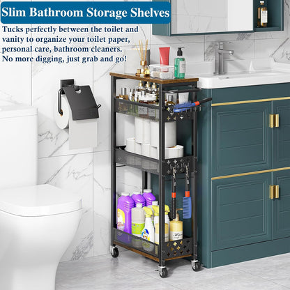 OKZEST Slim Laundry Room Organization Cart with Detergent Dispenser Holder | 4-Tier narrow rolling cart for small space, Holds tall bottles, Upgraded metal hub casters, Premium wood & metal mesh shelves