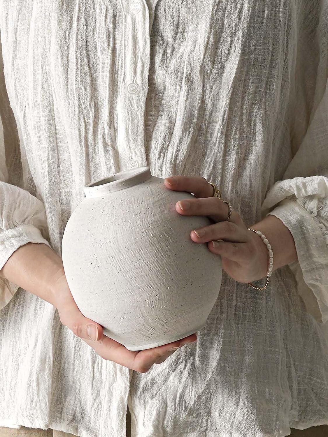 Small Boho Vase for Decor,Rustic Farmhouse Vase for Pampas Grass,Eucalyptus Set and Tiny Stem Flowers,Ceramic for Centerpieces, 5.3 Inch,Wave-Arctic White