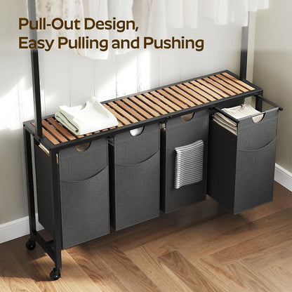YATINEY Laundry Sorter 4 Section, Rolling Laundry Hamper with Hanging Rack, Laundry Sorter with Wheels, Hampers for Laundry, Laundry Basket Organizer for Laundry Room, Rustic Brown LS47BR