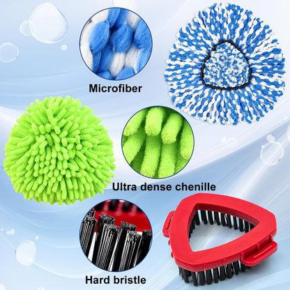 Mop Heads for O Cedar RinseClean 2 Tank Spin Mop System, 3 Microfiber Mop Head Refills and 3 Chenille Mop Pads,1 Scrub Brush, and 1 Mop Base with Mop Handle Set Combo