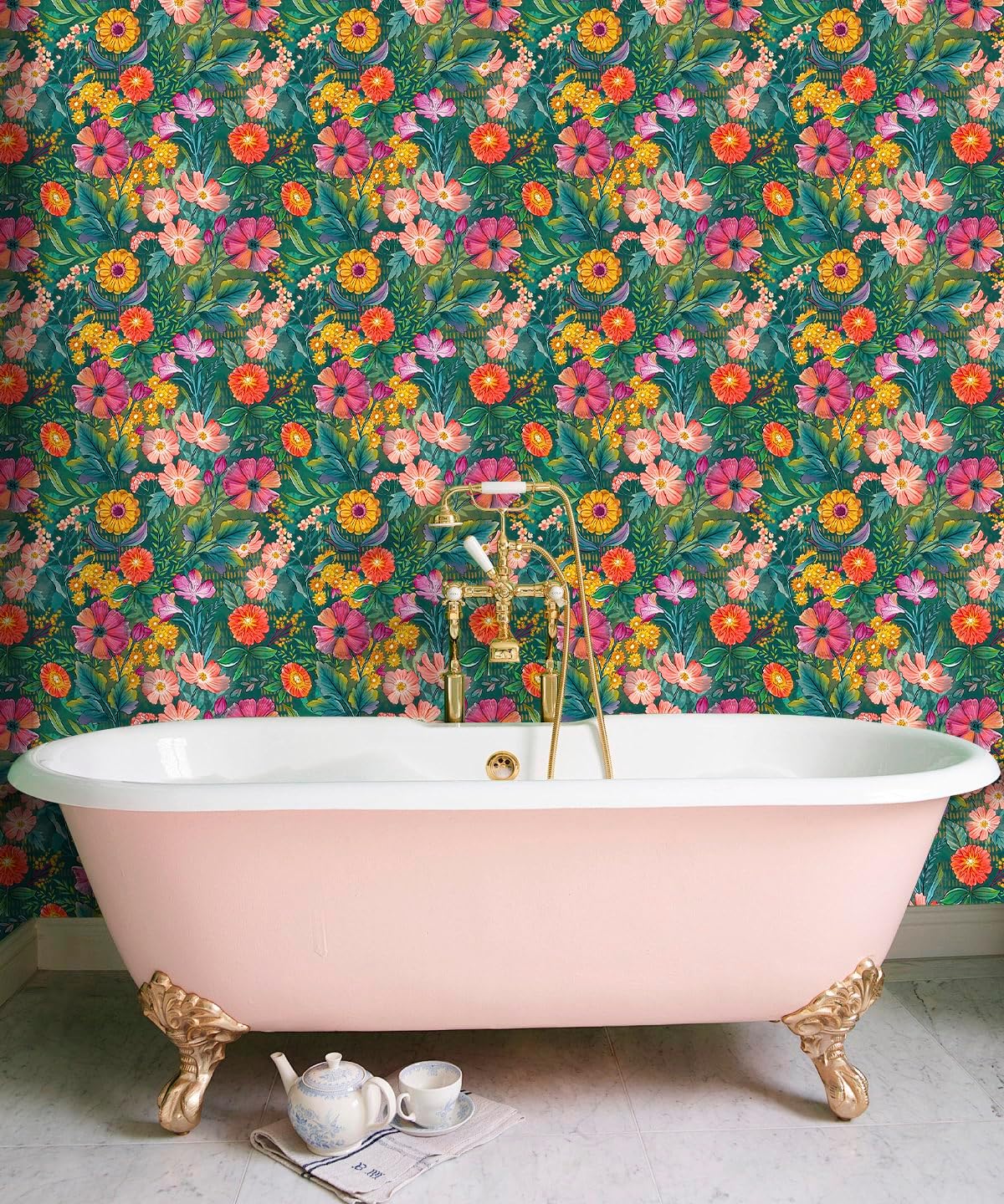 HAOKHOME Peel and Stick Wallpaper Floral Renter Friendly Wall Paper Green/Purple/Pink for Bathroom Kitchen Contact Paper 17.3in x 9.8ft