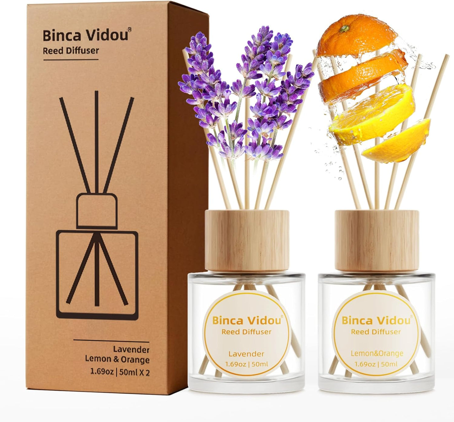 Reed Diffuser Set, Binca Vidou Lavender & Vanilla Natural Scent Oil Diffusers with Sticks for Home Office Bathroom Aromatherapy Decor 1.69oz x 2