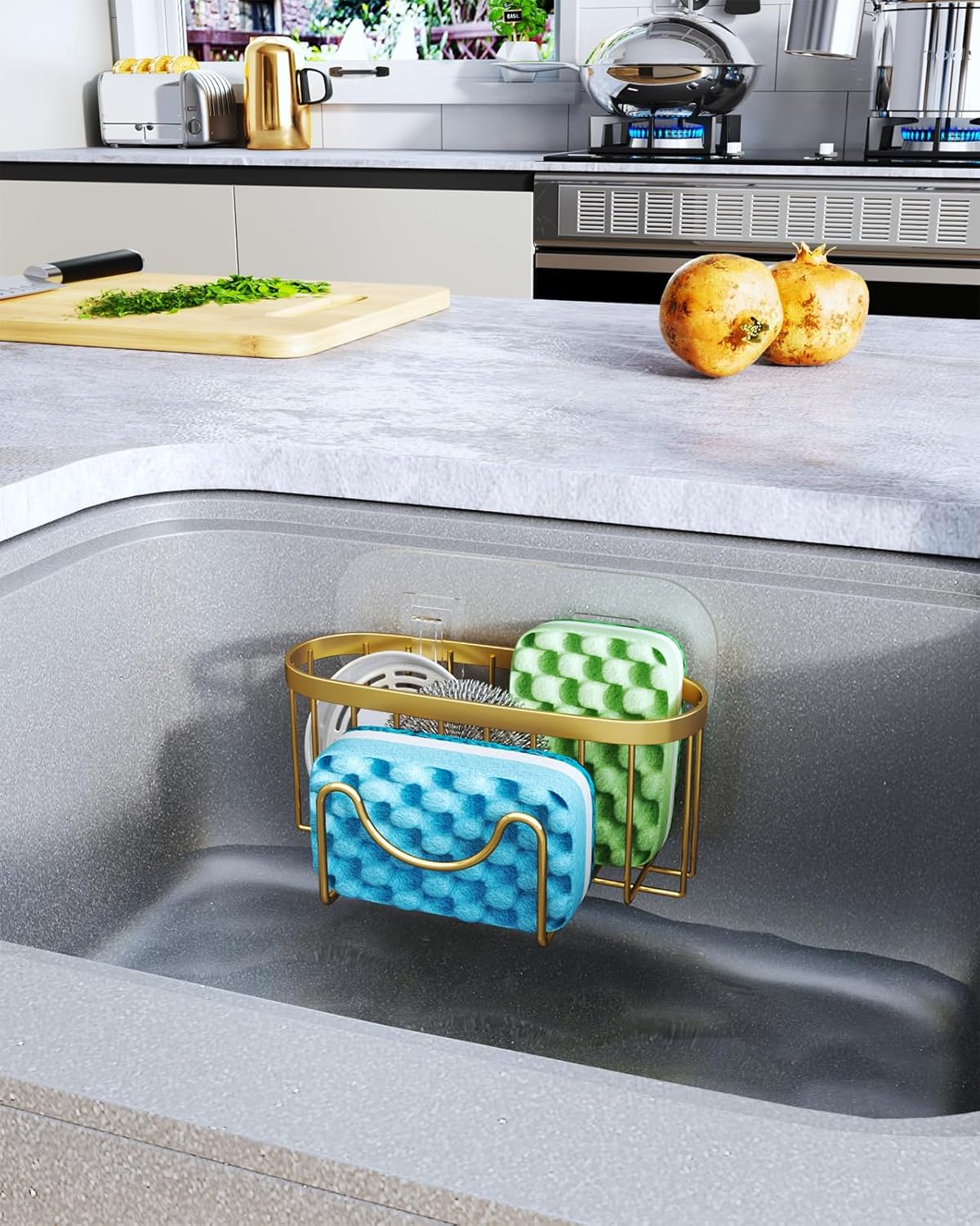 HapiRm Multifunctional Sponge Holder with Unique M-Shaped, 2 Installation Methods Kitchen Sink Caddy Organizer, Rustproof Stainless Steel Kitchen Organizers and Storage Essentials - Black