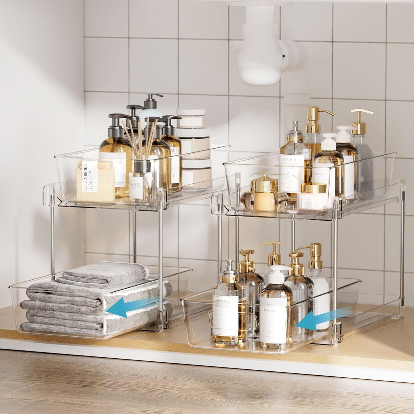Vtopmart 2 Tier Bathroom Storage Organizer, 2 Pack Clear Under Sink Organizers Vanity Counter Container, Cabinet Drawers Bins, Pull-Out Organization with Track for Pantry, Kitchen
