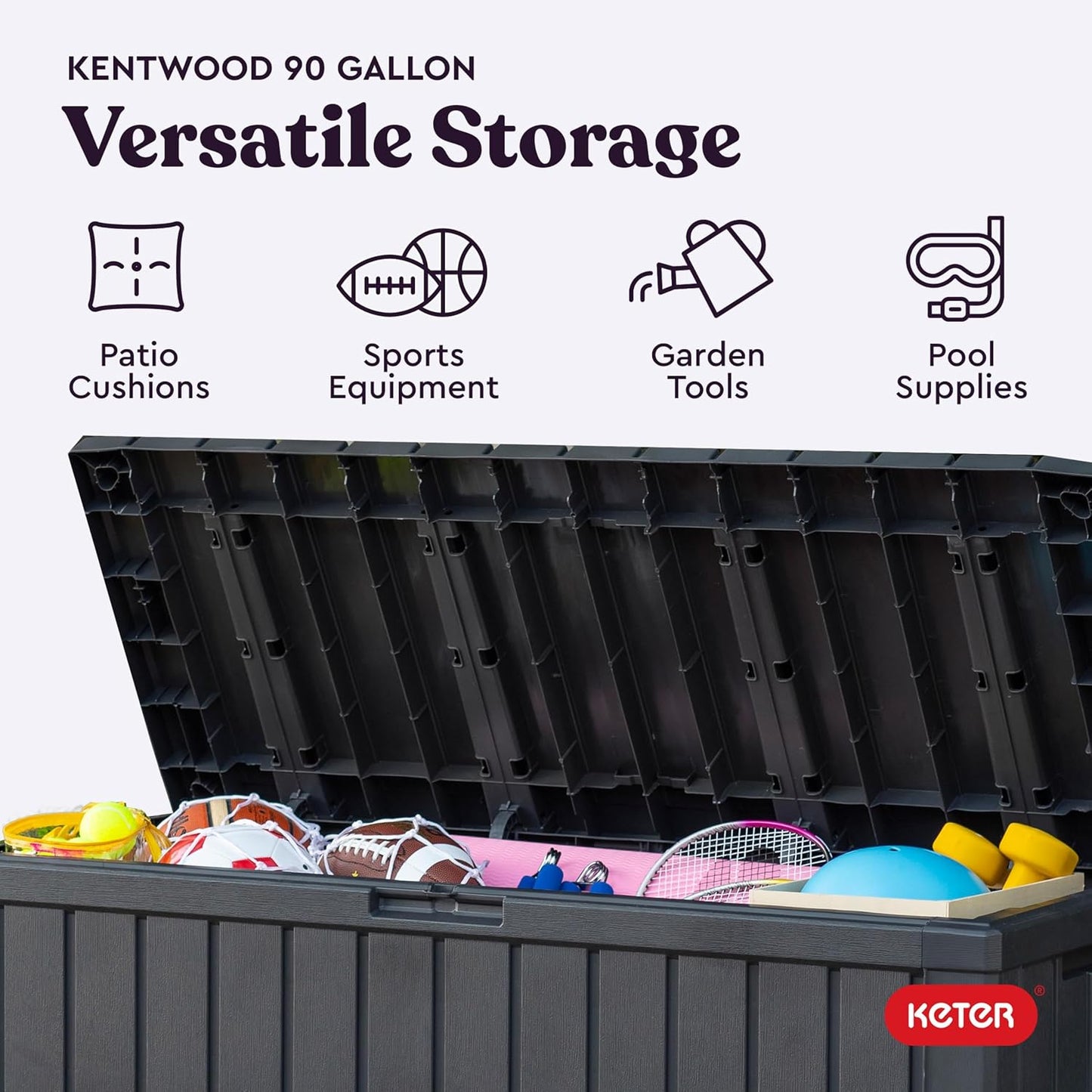 Keter Kentwood 92 Gallon Resin Deck Box-Organization and Storage for Patio Furniture Outdoor Cushions, Throw Pillows, Garden Tools and Pool Floats, Brown