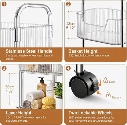 3 Tier Rolling Cart with Lockable Wheels, Clear Acrylic Slim Utility Cart, 13" x 8.3" x 26" Narrow Storage Organizer for Bathroom, Kitchen, Office - Lightweight & Tool-Free Assembly (Clear)