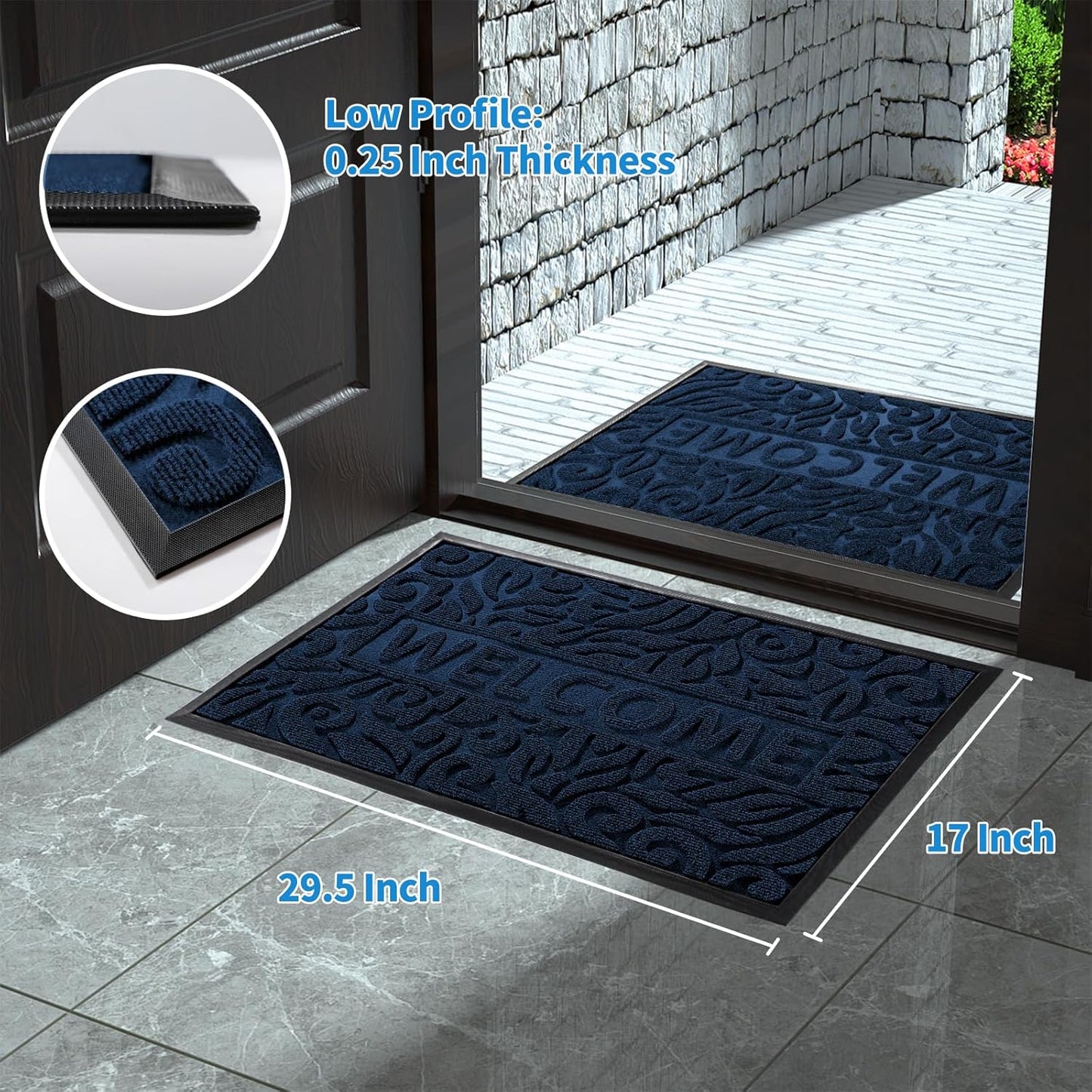 Yimobra Welcome Mat Outdoor 29.5x17, Waterproof Non-Slip Outdoor Mats for Front Door Outside Entrance, Low-Profile Entryway Mat Indoor for Garage Patio, Black
