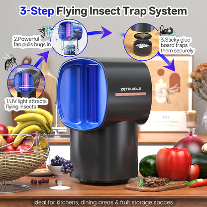 Fruit Fly Traps for Indoors, Gnat and Insects Catcher for House with UV Light, Heat Lure, Fan Suction, Ideal for Kitchen, Patio, Plant Pots, Bedroom, 5 Sticky Pads Included, USB-C Powered
